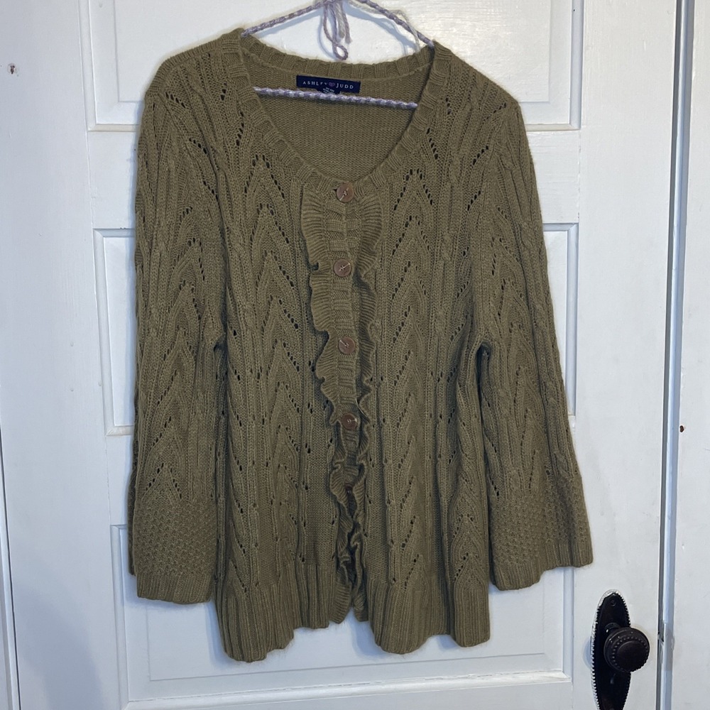 Ultra Soft Luxe Brown Cable Knit Sweater Cardigan Ruffle Edge Creamy Coquette